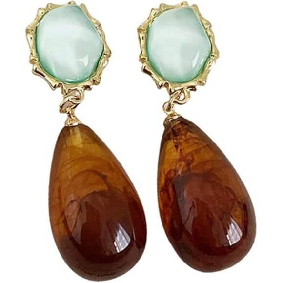 Vintage Amber Teardrop Earrings | Resin Waterdrop Statement Dangle Jewelry Gift - Picture 5 of 5